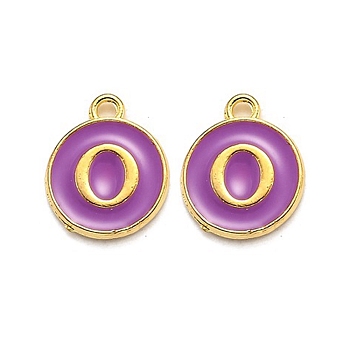 Golden Plated Alloy Enamel Charms, Enamelled Sequins, Flat Round with Alphabet, Letter.O, Purple, 14x12x2mm, Hole: 1.5mm