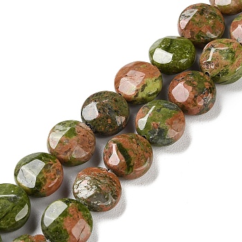 Natural Unakite Beads Strands, Faceted, Flat Round, 10~10.5x4.5~5.5mm, Hole: 1.2mm, about 20pcs/strand, 7.80 inch(19.8cm)