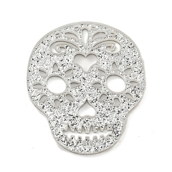 Halloween Themed Acrylic Pendants, with Glitter, Skull Charms, Silver, 38x33~34x2mm, Hole: 1mm