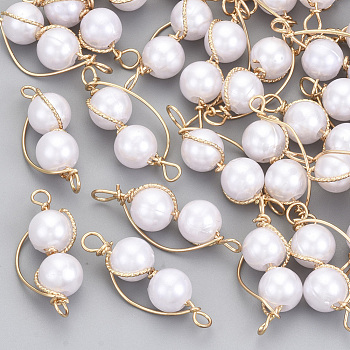 ABS Plastic Imitation Pearl Pendants, with Light Gold Plated Brass Wire, Creamy White, 26~39x10~13x8mm, Hole: 1.8~3mm
