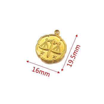 Stainless Steel Pendant, Golden, Flat Round with Constellation Charm, Libra, 19.5x16mm