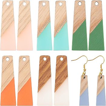 DIY Dangle Earring Making Kits, Including Resin & Wood Pendants, Brass Earring Hooks & Jump Rings, Trapezoid, Mixed Color, Pendants: 30x12x3mm, Hole: 2mm, 6 colors, 2pcs/color, 12pcs/box