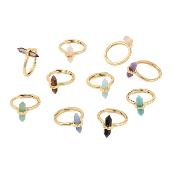 Double Pointed Hexagonal Prism Natural Mixed Stone Adjustable Rings for Women, Ion Plating(IP) Brass Rings, Golden, Hexagonal Prism: 17x7.5mm, US Size 6(16.5mm)