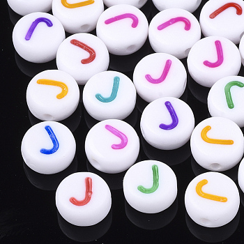 Initial Acrylic Beads, Horizontal Hole, Flat Round, Mixed Color, Letter.J, 7x3.5~4mm, Hole: 1.2mm, about 370pcs/50g