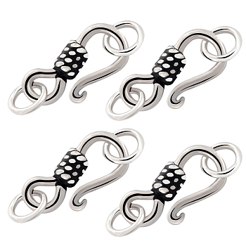4Pcs 925 Thai Sterling Silver S-Hook Clasps with Double Jump Rings, Antique Silver, 14x8x3mm, Hole: 4mm
