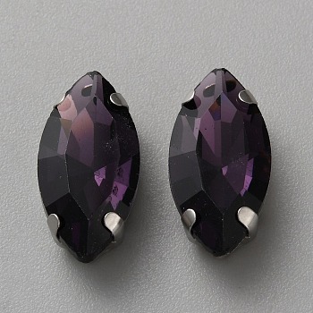 Sew on Rhinestone, Faceted Glass Rhinestone, Multi-Strand Links, with Platinum Tone Alloy Settings, Horse Eye, Purple Velvet, 18x9x6mm, Hole: 1mm