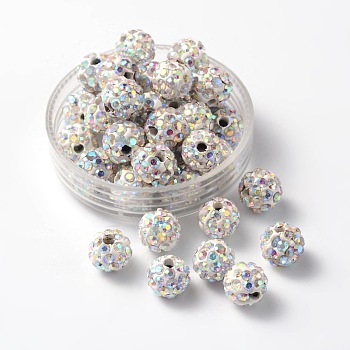 Pave Disco Ball Beads, Polymer Clay Rhinestone Beads, Round, Crystal AB, PP13(1.9~2mm), 5 Rows Rhinestone, 8mm, Hole: 1mm