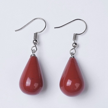 Natural Red Jasper Dangle Earrings, with Brass Findings, teardrop, Platinum, 42~44mm, Pendant: 13x24~25mm, Pin: 0.6mm