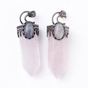 Natural Rose Quartz Big Pendants, Pointed Pendant, with Brass Findings and Oval Natural Labradorite Cabochons, Faceted, Bullet, Antique Silver, 60~62x20x23~24mm, Hole: 5.5x7mm