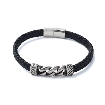 Men's Braided Black PU Leather Cord Bracelets, Twisted Chain 304 Stainless Steel Link Bracelets with Magnetic Clasps, Antique Silver, 8-3/8x3/8 inch(21.3x1.1cm)