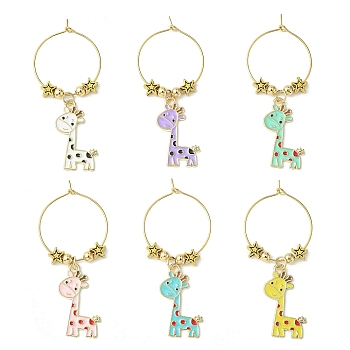 Giraffe Alloy Enamel Pendants Wine Glass Charms Sets, with Brass Hoop Earrings Findings, Mixed Color, 55mm, 6pcs/set