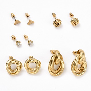 Ring & Triangle & Knot Rhinestone Stud Earrings, Interlock Rings Drop Earrings for Women, Golden, 7~29.5x7~17mm, Pin: 0.8mm, 5 pairs/set