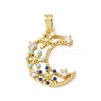 Brass Micro Pave Clear Cubic Zirconia Pendants, with Enamel, Moon & Flower Charms, Golden, 19x15x3mm, Hole: 4x2mm(KK-E804-06G)