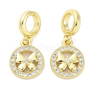 Brass Micro Pave Cubic Zirconia European Dangle Charms, Round with Butterfly, Large Hole Pendants, Real 16K Gold Plated, 19.5mm, Hole: 4.2mm(KK-D325-56G)