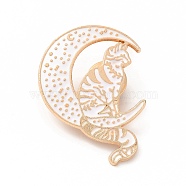 Moon with Cat Enamel Pin, Golden Alloy Cartoon Brooch for Backpack Clothes, White, 35x31x1.5mm(JEWB-B005-04B)