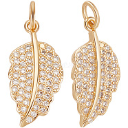 8Pcs Brass Pendants, with Clear Cubic Zirconia and Jump Rings, Leaf Charm, Golden, 19x10x2mm, Hole: 3mm(ZIRC-BBC0001-58)