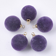 Flocky Acrylic Pendants, with Brass Findings, Round, Golden, Dark Violet, 18x14mm, Hole: 1.6mm(FIND-T046-33D-10)