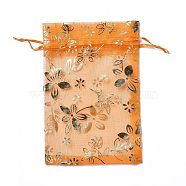 Organza Drawstring Jewelry Pouches, Wedding Party Gift Bags, Rectangle with Gold Stamping Flower Pattern, Orange, 15x10x0.11cm(OP-I001-A10)