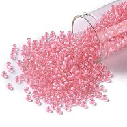 TOHO Round Seed Beads, Japanese Seed Beads, (191B) Opaque Hot Pink-Lined Rainbow Clear, 8/0, 3mm, Hole: 1mm, about 10000pcs/pound(SEED-TR08-0191B)