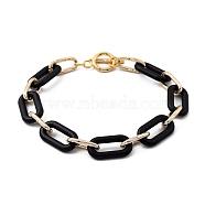Spray Painted CCB Plastic & Aluminum Paperclip Chain Bracelets, with 304 Stainless Steel Toggle Clasps, Light Gold, Black, 8-5/8 inch(22cm)(BJEW-JB05432-01)