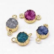 Electroplated Natural & Dyed Druzy Agate Links connectors, with Golden Plated Brass Findings, Flat Round, Mixed Color, 16~18x10~10.5x6~7mm, Hole: 2mm(G-N0168-014B)