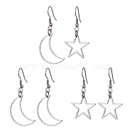3 Pairs 3 Style Alloy Dangle Earrings Set, Asymmetrical Earrings, Hollow Star & Moon, Antique Silver, 49x18mm, 1 Pair/style(EJEW-JE05552)