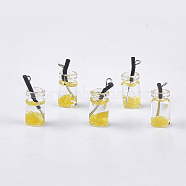 Glass Bottle Pendants, with Resin, Plastic and Iron Findings, Fruit Tea Charms, Platinum, Yellow, 25~28x10mm, Hole: 1.8mm(CRES-N017-06D)