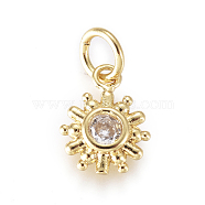 Brass Micro Pave Cubic Zirconia Charms, with Jump Rings, Sun, Clear, Golden, 10x7.5x2.8mm, Jump Rings: 2.5mm(KK-D159-06G)