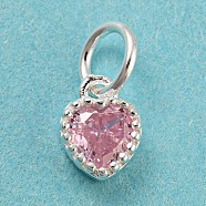 925 Sterling Silver Charms, with Cubic Zirconia, Faceted Heart, Silver, Pink, 7x5x3mm, Hole: 3mm(STER-G035-01E-04)