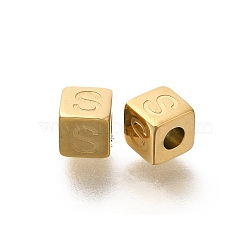 Ion Plating(IP) 304 Stainless Steel Beads, Cube with Letter, Real 14K Gold Plated, Letter S, 5x5x5mm, Hole: 2mm(STAS-F308-01G-S)