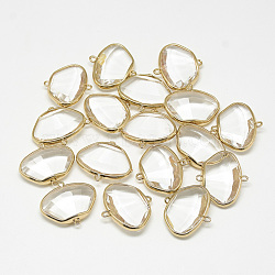 Glass Links connectors, with Golden Tone Brass Findings, Faceted, Trapezoid, Clear, 22x24.5x7mm, Hole: 1mm(GLAA-Q068-08)