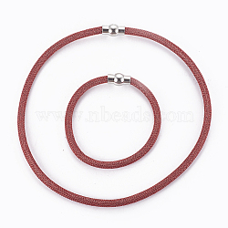 (Jewelry Parties Factory Sale), Brass Jewelry Sets, Mesh Chain Necklaces and Bracelets, with Brass Magnetic Clasps, Red, 16.4~16.6 inch(41.7~42.3cm), 5mm, 8 inch~8-1/8 inch(20.4~20.7cm), 5mm(SJEW-F197-01E)