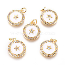 Brass Micro Pave Cubic Zirconia Pendants, with Enamel, Flat Round with Star, Clear & White, Golden, 16x13.5x2.5mm, Jump Rings: 2mm Inner Diameter(KK-D159-17G)