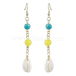 Cowrie Shell and Synthetic Turquoise & Natural Mashan Jade Dangle Earrings for Women, ShellShell, 87x13mm(EJEW-JE05814)