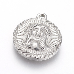 304 Stainless Steel Pendants, Flat Round with Jesus, For Easter, Stainless Steel Color, 21.4~21.5x18~18.3x3.2~3.3mm, Hole: 1.8mm(STAS-I105-B-50P)