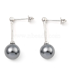 Shell Pearl Round Dangle Earrings, Real Platinum Plated Rhodium Plated 925 Sterling Silver Stud Earrings, Gray, 24x8mm(EJEW-Z024-12B-P)