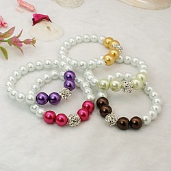 Fashion Glass Pearl Bracelets, Stretchy Bracelets, with Brass Rhinestone Beads, Mixed Color, 55mm(BJEW-JB00664)