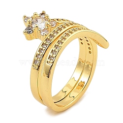 Rack Plating Brass Micro Pave  Clear Cubic Zirconia Rings for Women, with Glass, Star, Real 18K Gold Plated, 13.5mm, Inner Diameter: 17mm(RJEW-S392-06G)