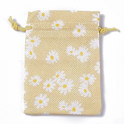 Burlap Packing Pouches Drawstring Bags, Rectangle, Pale Goldenrod, Flower, 13.5~14x10x0.35cm(ABAG-L016-A08)