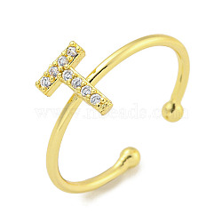 Rack Plating Brass Open Cuff Rings for Women, with Cubic Zirconia, Cadmium Free & Lead Free, Long-Lasting Plated, Letter, Letter T, Inner Diameter: 17.5mm, Letter: 7.8x6mm(RJEW-F162-02G-T)