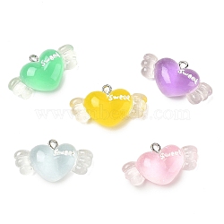 Transparent Resin with Alloy Pendants, Love with Wing Charms, Platinum, Mixed Color, 16x28x8mm, Hole: 2mm(RE-CBA14F0-06)