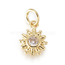 Brass Micro Pave Cubic Zirconia Charms, with Jump Rings, Sun, Clear, Golden, 10x7.5x2.8mm, Jump Rings: 2.5mm(KK-D159-06G)