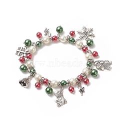Glass Pearl Beaded Stretch Bracelet, Candy Cane & Snowflake & Santa Claus & Bell Alloy Charms Christmas Bracelet for Women, Colorful, Inner Diameter: 2-1/4 inch(5.6cm)(BJEW-TA00250)