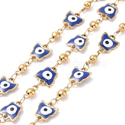 Ion Plating(IP) Enamel Butterfly with Evil Eye Link Chains, with Gold Plated 304 Stainless Steel Findings, Unwelded, with Spool, Medium Blue, 10x8.5x2mm, 8.5x4x3.5mm(CHS-G020-01G-03)