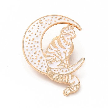 Moon with Cat Enamel Pin, Golden Alloy Cartoon Brooch for Backpack Clothes, White, 35x31x1.5mm