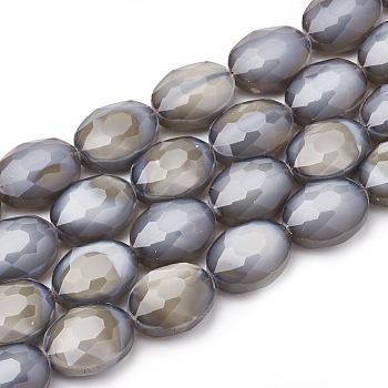 Opaque Solid Color Glass Beads Strands, Faceted, Oval, Gray, 16x12x7mm, Hole: 1~1.2mm, about 25pcs/strand, 14.96 inch(38cm)