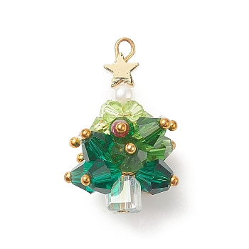 Christmas Tree Glass Pendants, with Real 18K Gold Plated Brass Beads and Findings, Colorful, 29.5x19x19mm, Hole: 2.2mm