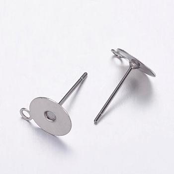304 Stainless Steel Stud Earrings Findings, with Loop, Stainless Steel Color, 12x8x1.3mm, Hole: 1mm, Pin: 0.7mm