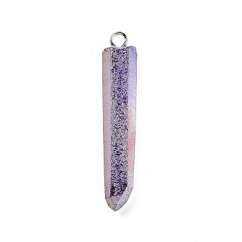 Electroplated Natural Quartz Pendants, with Brass Findings, Bullets, Pointed Pendants, Platinum, Indigo, 40~65x7~15mm, Hole: 3mm