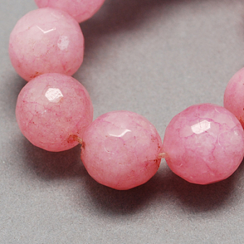 Natural Jade Bead Strands, Dyed, Faceted, Round, Pearl Pink, 12mm, Hole: 1mm, 32pcs/strand, 14.6 inch